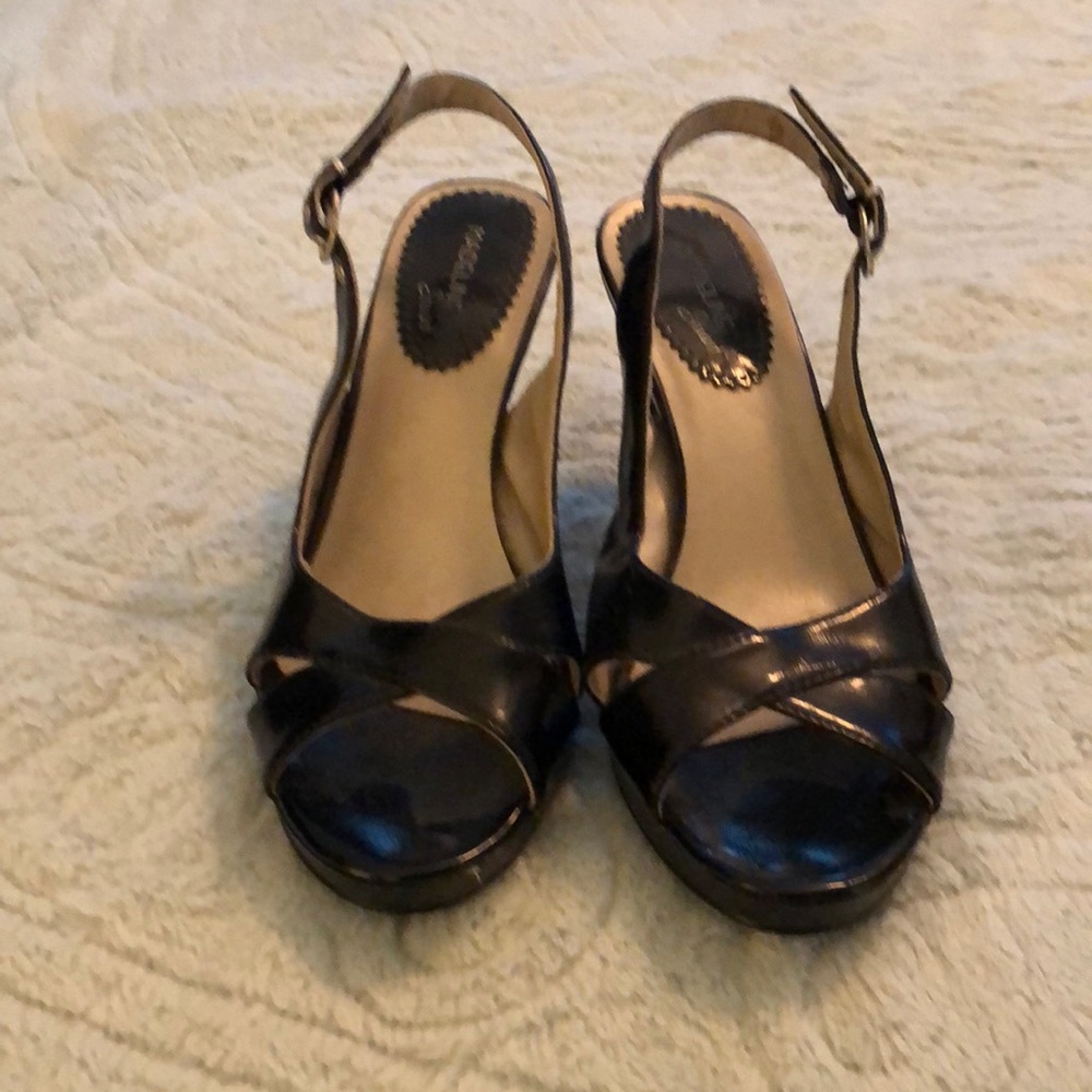 Madeline Stuart black leather patent sandal heels